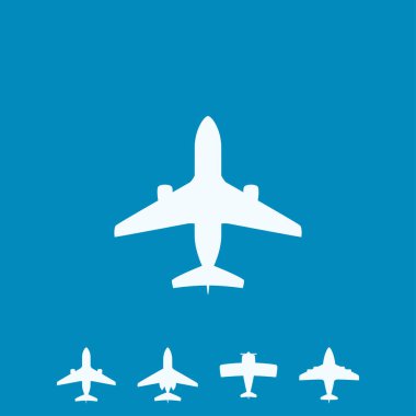 Mavi zemin üzerinde izole edilmiş ikonlar olarak farklı beyaz uçakların çizimi