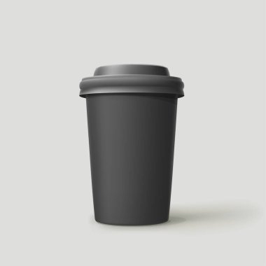 Parlak arkaplan ve gölgeli siyah şapkalı gerçekçi, havalı balck renkli kağıt kahve fincanı.