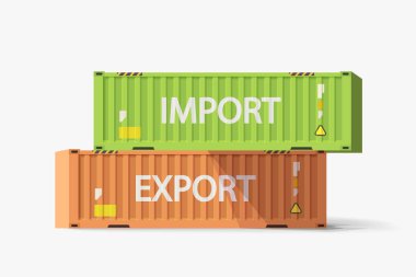 Yeşil ve turuncu renkli kargo konteynırlarının bembeyaz arka planda serin bir gölgeyle birbiri üzerine çizimi