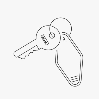Beyaz arkaplanda izole edilmiş çizgi tasarım ikonunda anahtarlığı olan bir motel kapısı anahtarı çizimi