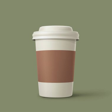 Yeşil arka planda plastik kapaklı iki beyaz ve kahverengi kahve fincanı.