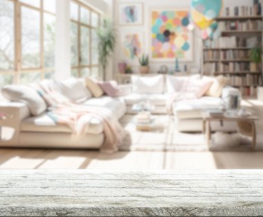 Masa üstü ve arka planın bulanık oturma odası