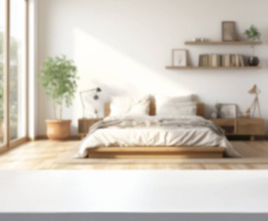 Masa üstü ve bulanıklık arka planda yatak odası