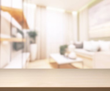 Masa üstü ve arka planın bulanık oturma odası