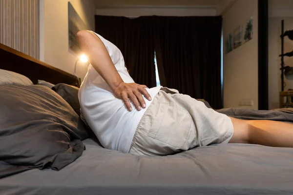 Stressed Asian Man Having Backache Sore Hips Waist Hurts Unhappy — Stock Photo, Image