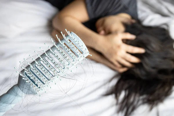 Hair Falls Out Comb Depressed Asian Woman Holding Head Her — Stock Photo, Image