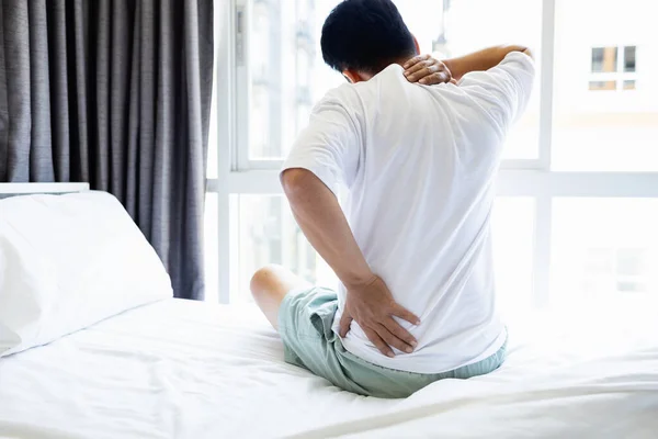 Asian Adult Man Have Pain Neck Shoulder Backache Sitting Bed — Stock Photo, Image