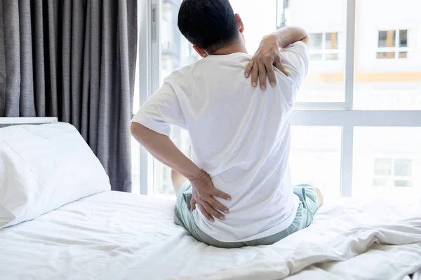 Stressed Asian Adult Man Suffering Backache Tightness Shoulder Neck Ache — Stock Photo, Image