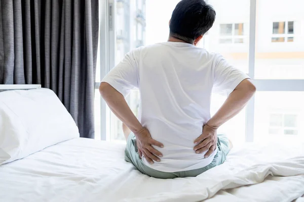 Sad Asian Man Suffering Backache Chronic Low Back Pain Sitting — Stock Photo, Image