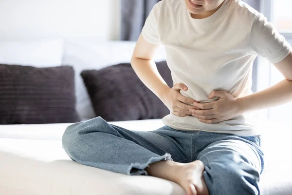Asian Young Lady Girl Holding Abdomen Acute Abdominal Pain Appendicitis — Stock Photo, Image