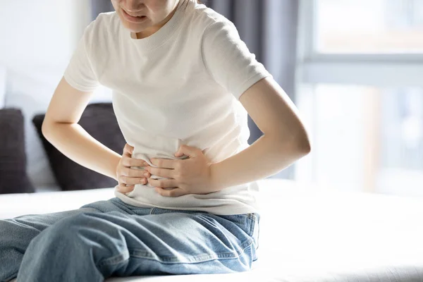Asian Teenager Girl Suffering Abdominal Pain Gastritis Peptic Ulcer Disease — Stock Photo, Image