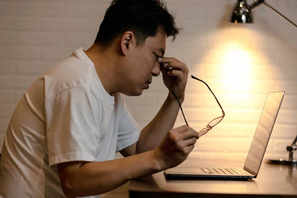 Middle aged man with presbyopia,problem of changes in eyesight,blurred vision,diseases of the eye,Macular Degeneration,Computer Vision Syndrome,looking at laptop computer screen for too long,eye care