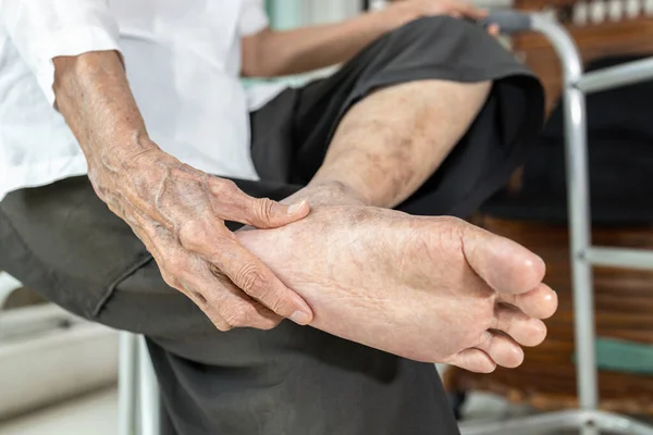 Elderly Woman Massage Her Foot Plantar Fasciitis Pain Soles Foot Stock Photo