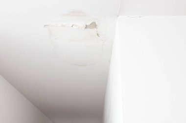 Evdeki odanın tavan yüzeyinde hasar, kirli su lekeleri, iç tavandaki boyaların soyulması, çatıdan sızan su, sızdıran çatılar.