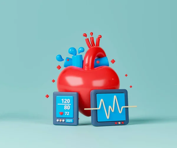 3d rendering heart with blood pressure and EKG monitor device on light blue background. Concept medical and healthcare illustration.
