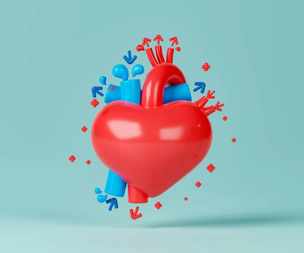 Rendering Konzept Herz Kreislauf System Herz Mit Blutgefäßen Auf Hellblauem — Stockfoto