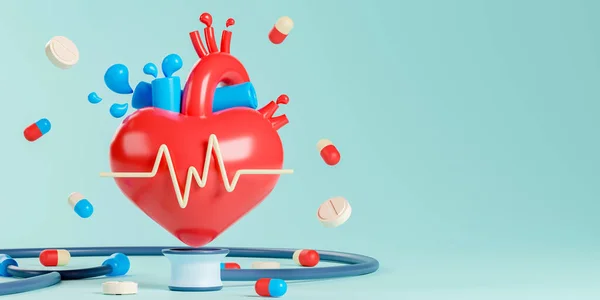 Візуалізація Концепції Охорони Здоров Медичної Ілюстрації Серце Стетоскопом Таблетками Світло — стокове фото