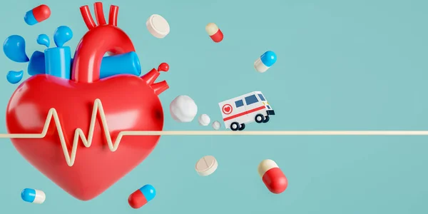 Renderizado Medicamentos Para Corazón Medicamentos Con Ambulancia Electrocardiograma Gráfico Concepto — Foto de Stock