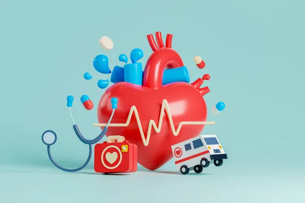 Corazón Renderizado Con Estetoscopio Caja Primeros Auxilios Ambulancia Concepto Ilustración — Foto de Stock