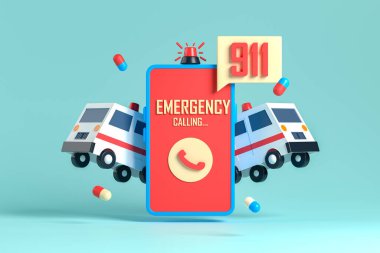 Metin ya da mesaj için kopyalama alanı olan 3D acil çağrı illüstrasyonu oluşturuluyor. Sağlık hizmetleri ve tıbbi hizmetler illüstrasyonunu kabul et.