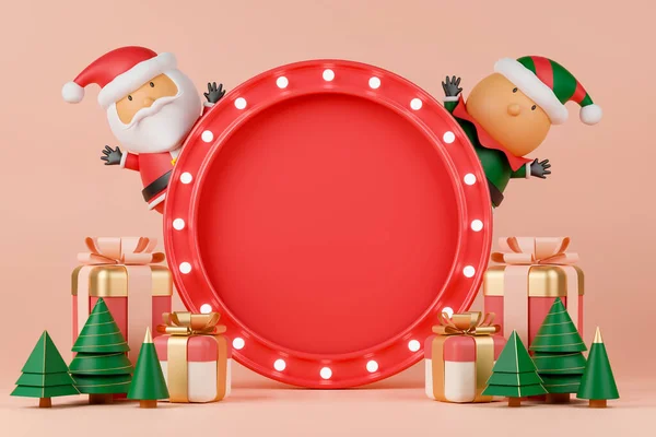 3d rendering red circle banner with Santa Claus, elf, gift box and Christmas tree.
