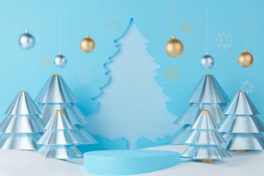 Noel günü podyumunu açık mavi arka planda Noel ağaçları ve süslemelerle donatmak.