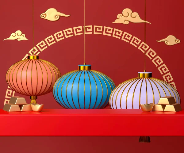 Rendering Chinese New Year Day Podium Red Background Lanterns Gold Imagen De Stock