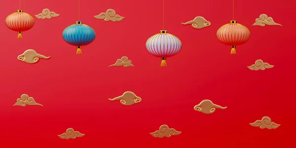 Rendering Chinese New Year Day Background Colorful Lanterns Gold Clouds Obrazek Stockowy