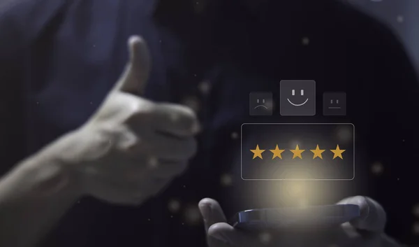 People give five stars review and thumb up on business or customer service. Satisfaction rating and feedback concept.