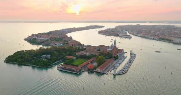 Flyg Bred Omloppsbana Över San Giorgio Maggiore Kyrka Venedig City — Stockvideo