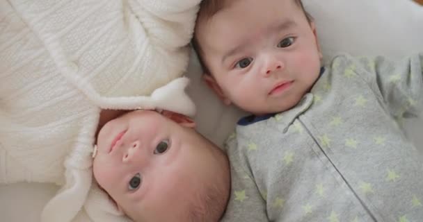 Lindos Gemelos Recién Nacidos Niño Niña Acuestan Cama Sonriendo Felizmente — Vídeo de stock