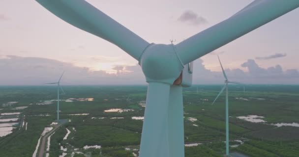 日没のエネルギー生産のための風力タービンの分野を周回する空中ビュー 風力発電所の上空をドローンが飛行し 持続可能な開発のためのクリーンな再生可能エネルギーを生み出す 緑の生態系世界 — ストック動画