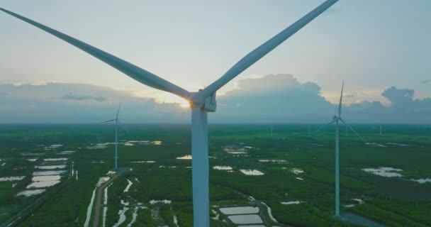 Flygfoto Som Kretsar Kring Fältet För Vindkraftverk För Energiproduktion Solnedgången — Stockvideo
