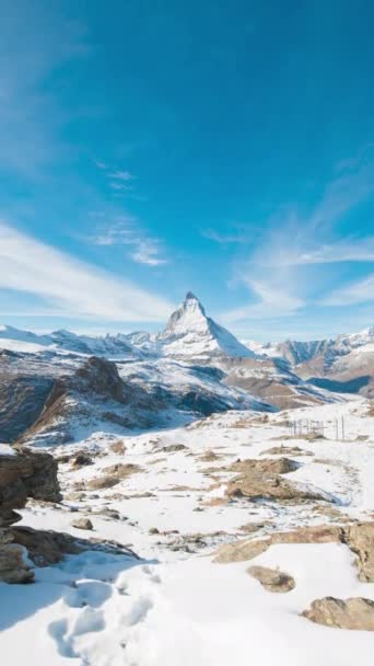 Panoramic Nature Landscape Timelapse Mount Matterhorn Covering White Snow Clouds — Stock Video