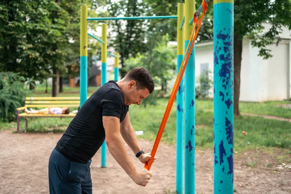 Middle Age Man Doing Strength Exercises Resistance Bands Outdoors Park Royalty Free Stock Images