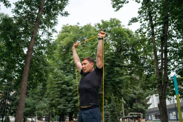 Middle Age Man Doing Strength Exercises Resistance Bands Outdoors Park Stock Image