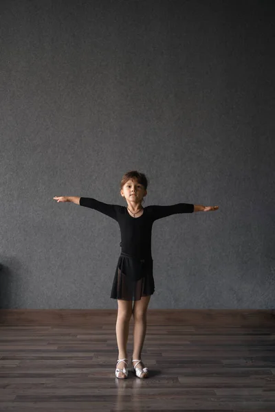 Child Girl Standing Black Sport Bodysuit Dancing Studio Training Posture Royalty Free Stock Images