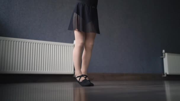 Close Side View Child Foots Dancing Shoes Floor Studio Dance — Stock Video