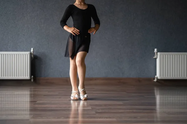 Child Girl Standing Black Sport Bodysuit Dancing Studio Training Posture Royalty Free Stock Images