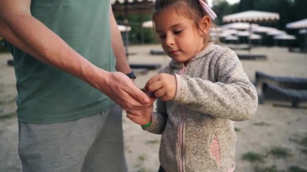 Primer Plano Hija Del Niño Hombre Padre Coleccionando Infiernos Playa — Vídeos de Stock