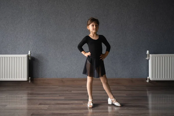 Child Girl Standing Black Sport Bodysuit Dancing Studio Training Posture Stock Photo