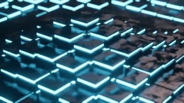 Soyut metal küplerin bilim kurgu videosu. Neon mavi ışık döngüsü ile bir dalganın hareketini gösteriyor. Engelleme zinciri, büyük veri, yapay zeka teknolojileri. Yüksek kalite 4k görüntü