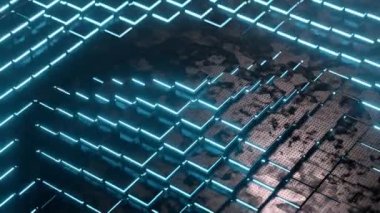 Soyut metal küplerin bilim kurgu videosu. Neon mavi ışık döngüsü ile bir dalganın hareketini gösteriyor. Engelleme zinciri, büyük veri, yapay zeka teknolojileri. Yüksek kalite 4k görüntü