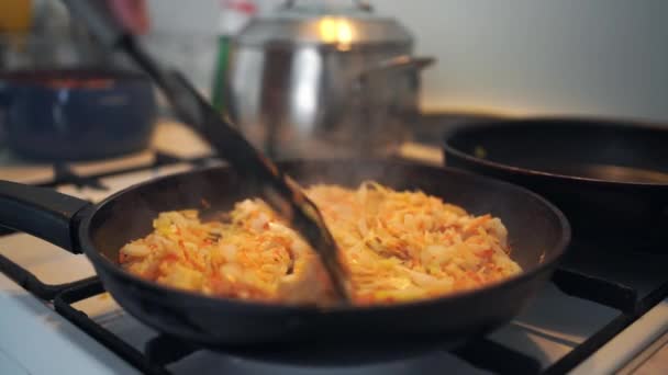 在煎锅里搅拌碎的蔬菜 做有营养的饭菜 — 图库视频影像