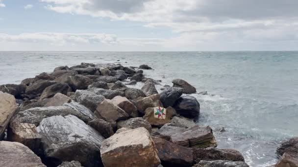 Waves Break Rocky Shoreline Embodying Raw Power Sea Backdrop Overcast — Stock Video
