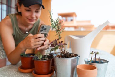 Bir kadın balkondaki saksı bitkilerini fotoğraflamak için akıllı telefonunu kullanıyor. Detaylara odaklanıyor. Yüksek kalite fotoğraf