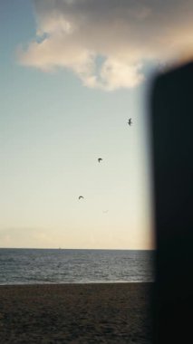 İspanya 'nın La Cala de Mijas kenti yakınlarında, yumuşak bir akşam gökyüzünün altında, sükunet ve özgürlüğü çağrıştıran, okyanus üzerinde uçan kuşların huzurlu manzarası. Yüksek kaliteli FullHD görüntüler