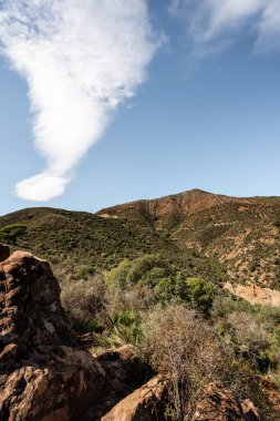 Mavi gökyüzü ve dramatik bulut formasyonuyla güneşli dağ manzarası.