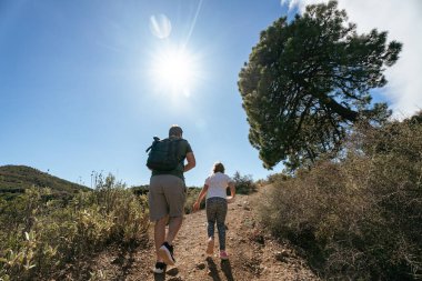 Baba ve kızı, güneşli dağ manzarasında mavi gökyüzü ve ağaçla yürüyüş yapıyor..