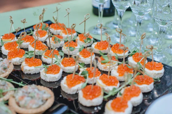 Bruschetta Cheese Red Caviar Plate Close — Fotografia de Stock